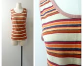 Vintage Retro Striped Summer Tank Top in Orange, Grey & Cream 1970's