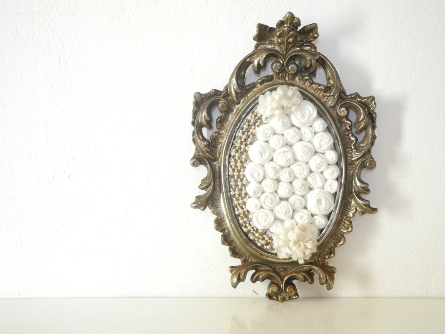 Baroque framed art Fabric flower wall decoration 3D design Home decor White Cream Gold OOAK Ready to ship