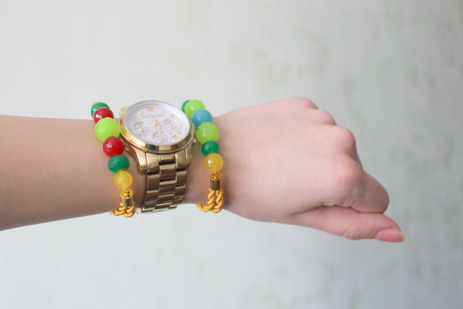 Yellow and green beaded bracelet - Modern jewelry - Rope bracelet - Fashion mustard bracelet - Trendy stretch bracelet - Gemstone bracelet