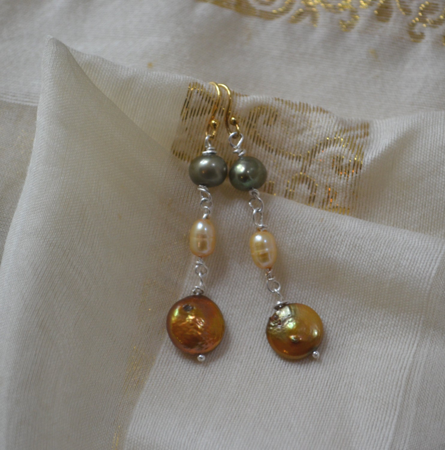 Timeless Pearls-  Dangling Gold, Champagne and Green Pearl Earrings.