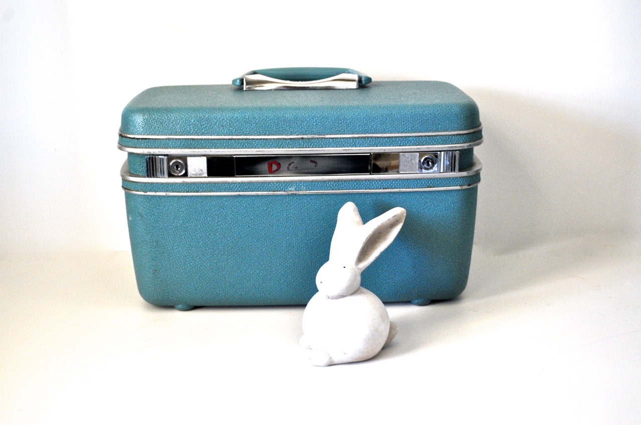 Blue Vintage Samsonite Train Case Makeup Case