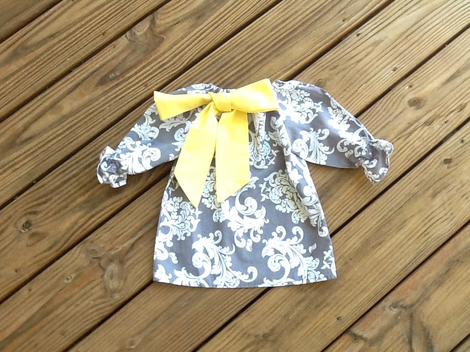 Girls Little Peasant Dress with fabric bow detail. Grey white damask. Custom children's clothing By EverythingSorella