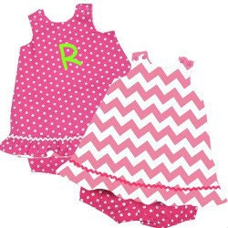 Girls pink polka dot and chevron reversible a line dress romper and bloomer set with monogram