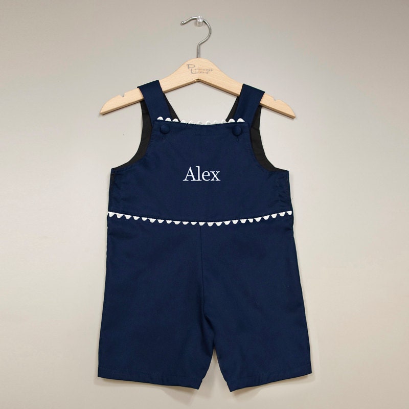 Boys navy blue and white pique shortall jon jon with monogram embroidery