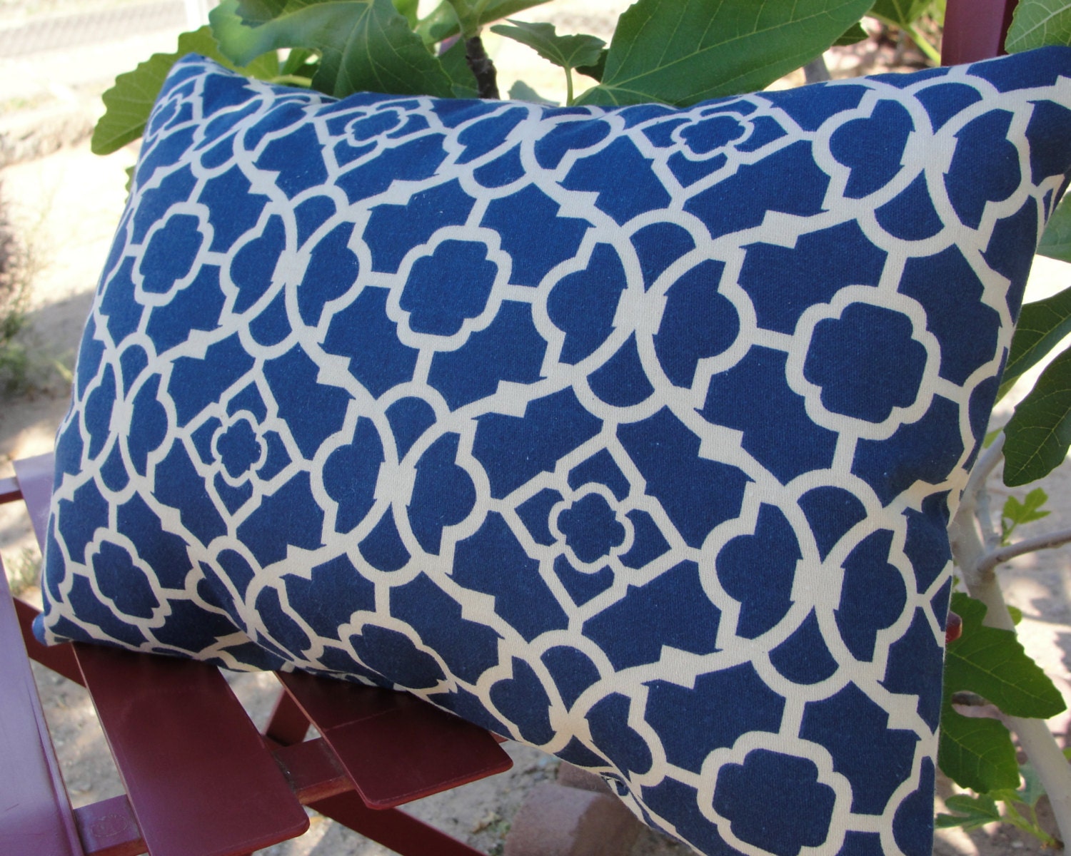 Cobalt navy blue and ivory lattice pattern accent throw pillow