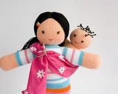 Babywearing Mommy Doll with a Baby Doll - knitted play doll with dark hair - attachment parenting, eco-friendly toy, mother's day