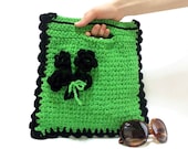 Free Shipping, Crochet Floral Handbag, Green Handbag, striped crochet tote bag, Book, Netbook, Phone, Macbook - Useful mini bag