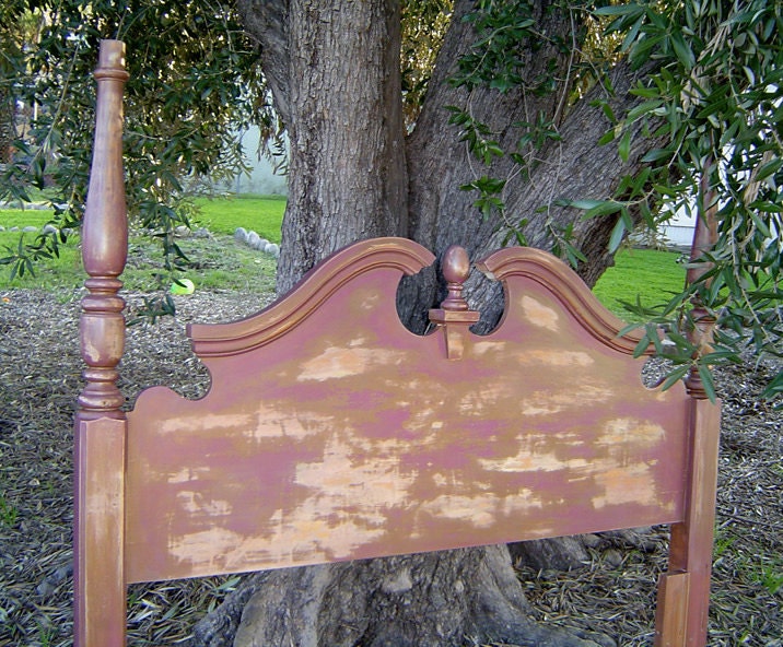 VINTAGE QUEEN HEADBOARD - Painted Ivory Cream Copper Fuschia Distressed