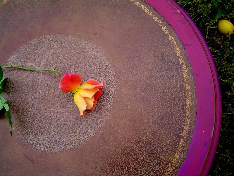 VINTAGE SIDE TABLE - Round Two Tier Painted Fuschia Red Pink Original Leather Mid Century Modern