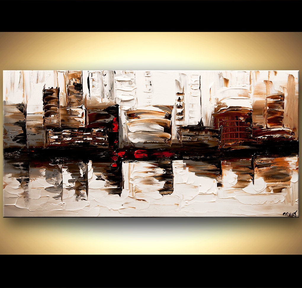 Abstract City Painting White Original ORIGINAL Textured Art on Canvas by OSNAT  48"