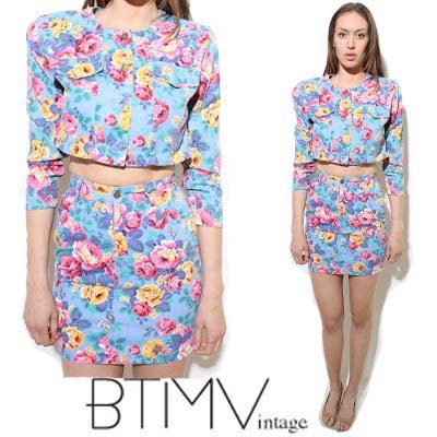 80s DENIM MINI skirt cropped jacket roses pastel floral pattern blue jeans matching set suit 2-piece shirt blouse dress short XS