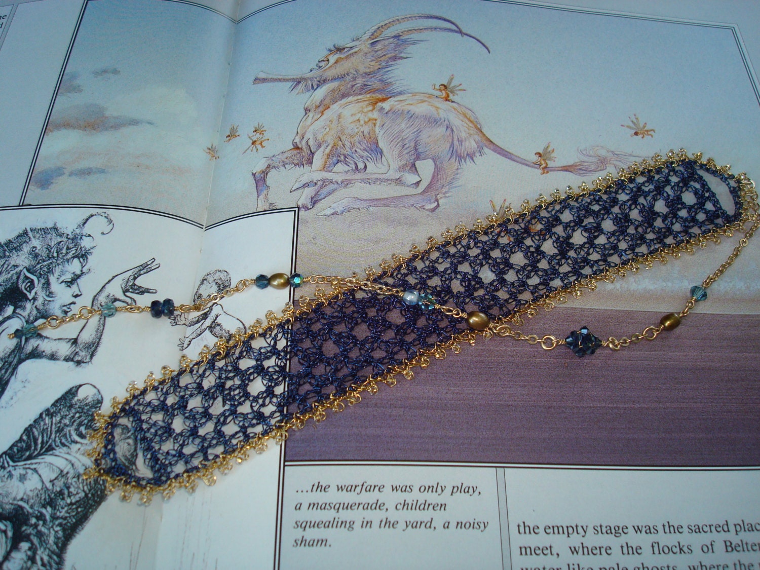 Crocheted Wire Bookmark with Kyanite in Navy Blue n Gold