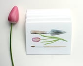 Set of 5 Note Cards - Watercolor Painting, Gardening, Garden Tool, Paintbrush, Tulip Card, Flower, Floral Notecard, Botanical, Pink Green