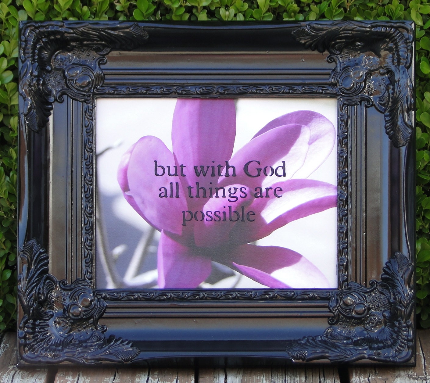 Framed Bible Verse Purple and Black Wall Art Floral Photography