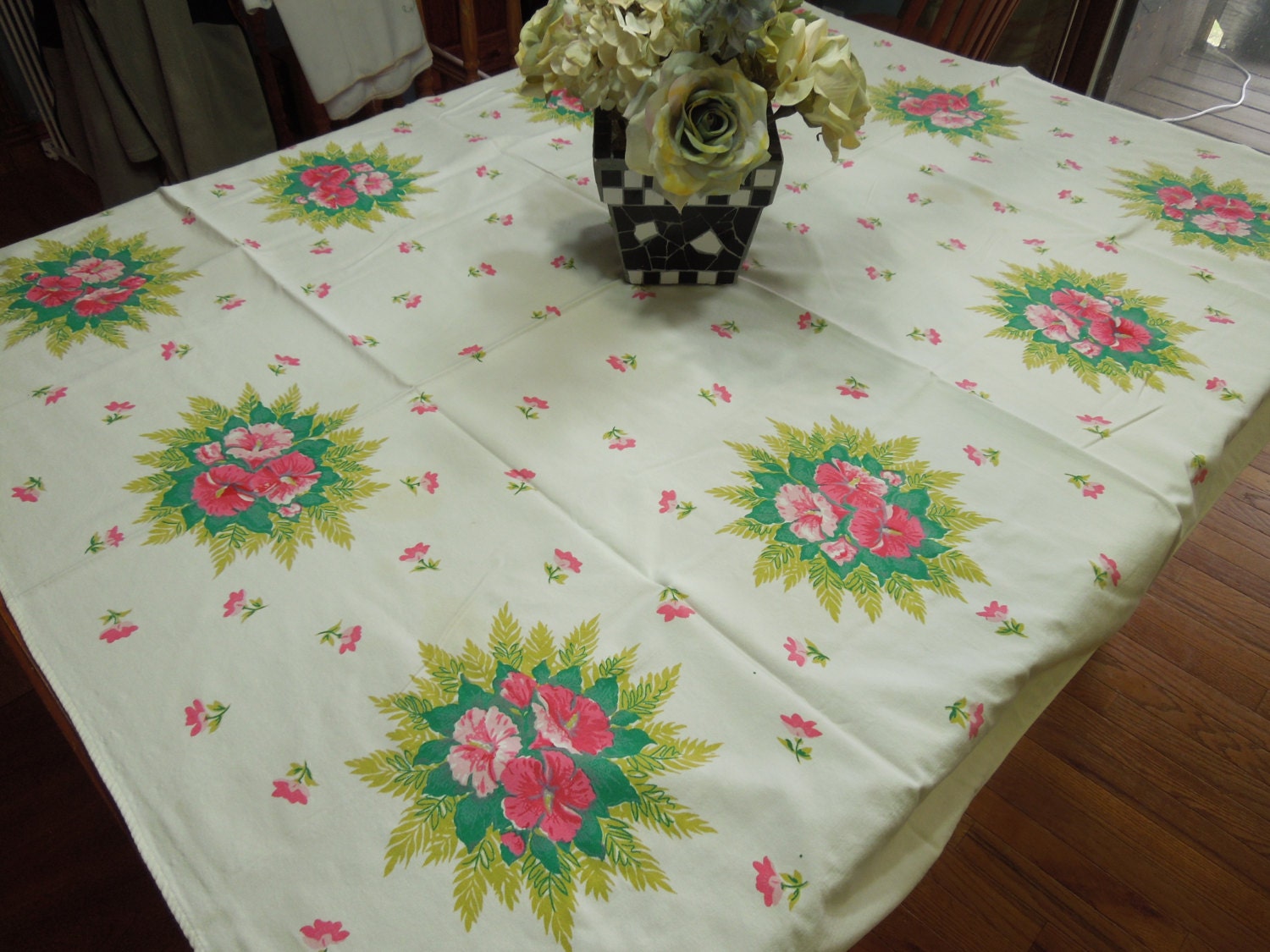 Vintage White with Pink and Green flowers Kitchen Dining Luncheon Table Cloth for housewares, home decor, linens by MarlenesAttic