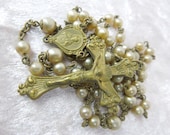 Fancy Vintage Brass Rosary Necklace with Pearl Beads INRI Cross with Jesus Christ