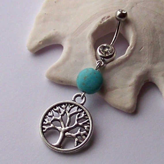 Belly Button Ring - Piercing - Curved Barbell - Navel Piercing - Tree of Life Tibetan Silver Pendant with Magnesite