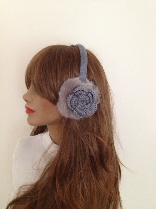 FREE SiPPiNG Grey Earmuff,Plush with crochet  flower, Winter fur headphones,valentine's day,on sale