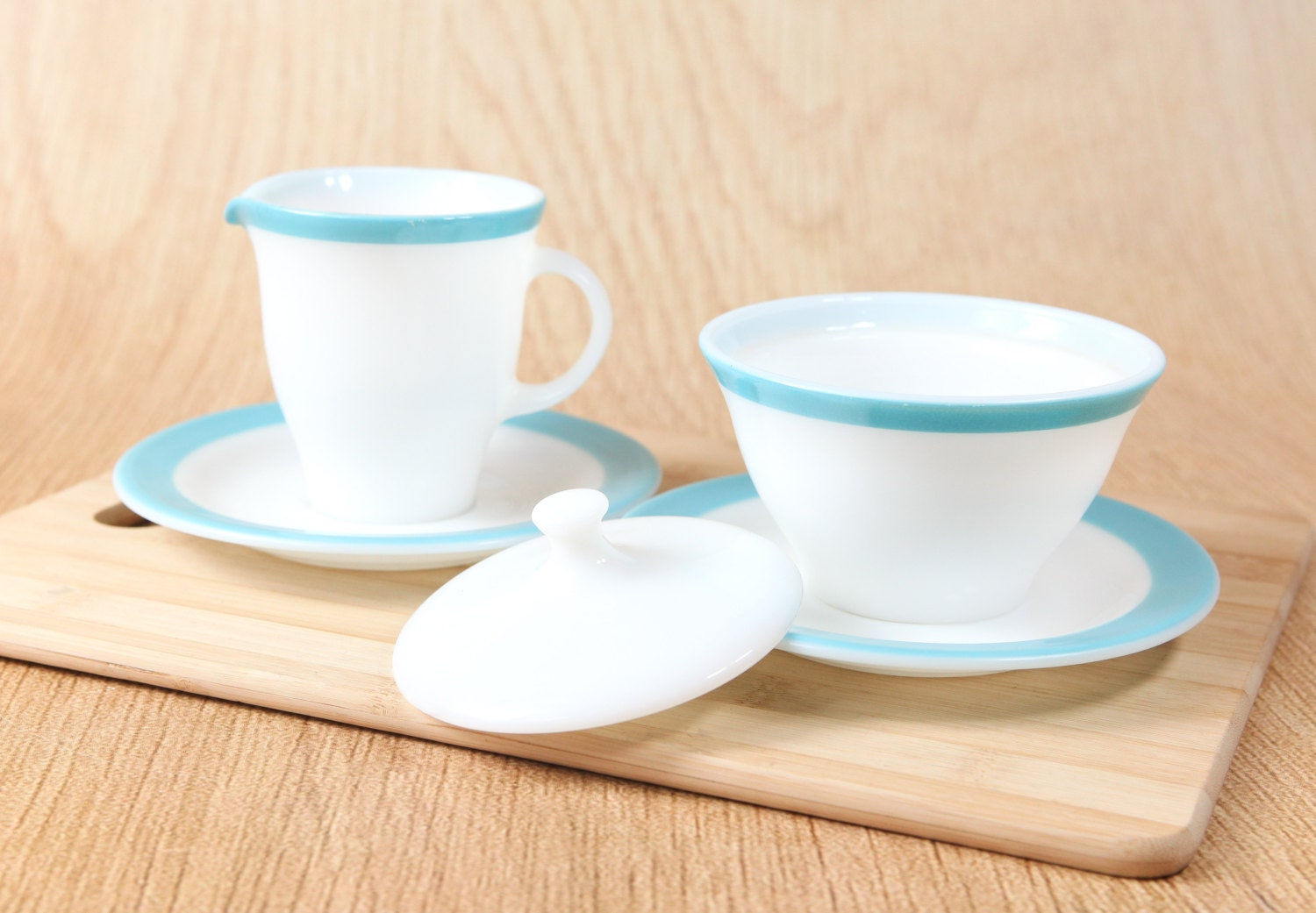 Vintage Turquoise Band Pyrex Creamer, Sugar Bowl & Saucers