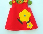 Girl Dress - Gorgeous Red with Yellow Flowers - Infant Dress Pattern - Girls Clothing - Handmade Custom Made Dress - 3M to 4T
