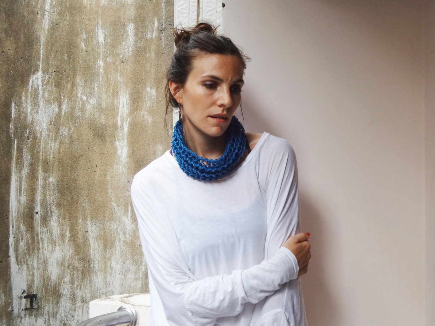 Knit Cowl in OCEAN - dark blue knitted cowl scarf - dreadlocks headband - spring circle scarf - lightweight summer scarf - gift for her