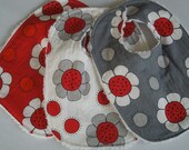 3 Baby Girl Bibs - Red Thread Flowers Red, Gray, White