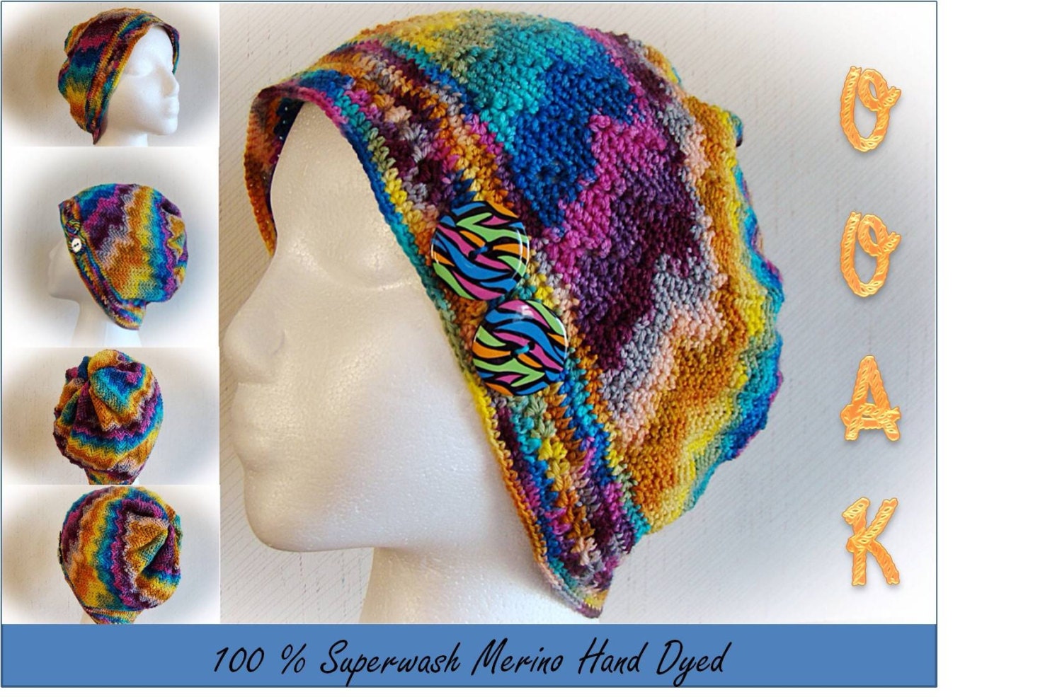 Rainbow Slouch Hat, OOAK Superwash Merino Hand Dyed, Crochet Women's Tam, Beanie