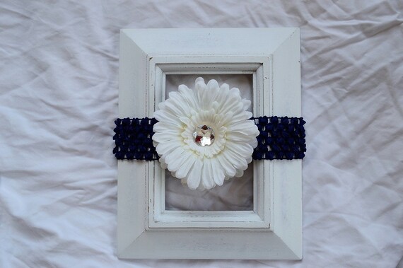 FREE SHIPPING in the U.S. - Navy Blue Crochet Elastic Headband with Removable Ivory Flower Clip