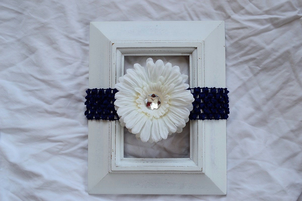 FREE SHIPPING in the U.S. - Navy Blue Crochet Elastic Headband with Removable Ivory Flower Clip