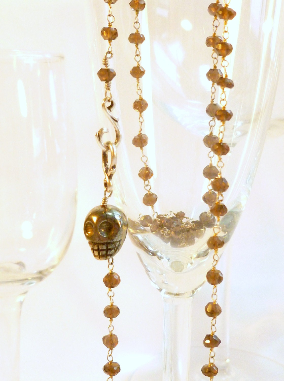 Smoky Topaz Silver Wire Wrapped Extra Long Delicate Necklace with Hand Carved Pyrite Skull