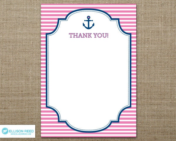 Nautical Birthday - Nautical Printable - Nautical Thank You Note - Anchor - Nautical Baby Shower - Pink Birthday - First Birthday