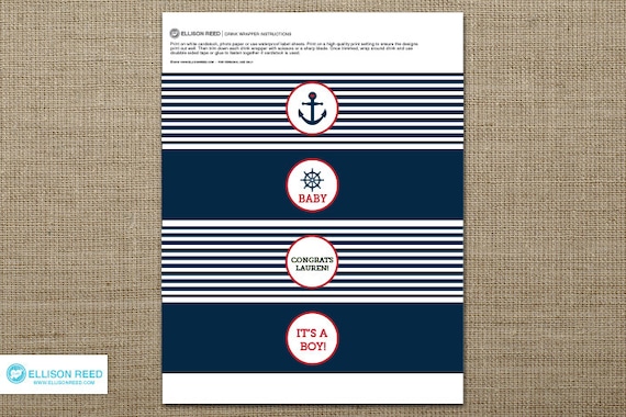 Nautical Baby Shower Printable - Nautical Printable - Drink Wrap - Anchor - Decorations - Printable Party - Twins - Sprinkle - Boy - Girl Il_570xn