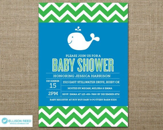 Whale Baby Shower Invitation - Whale Printable - Nautical - Chevron - Boy Baby Shower Invitation - Baby Shower Printable - Blue - Green Il_570xn