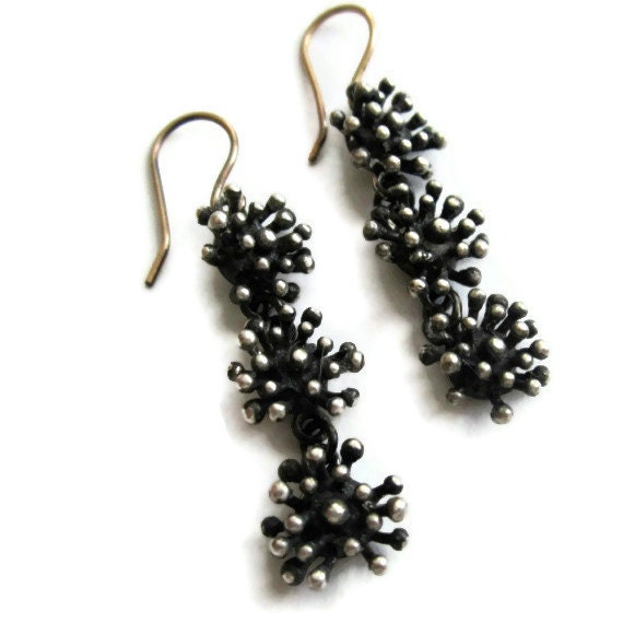 Oxidized Silver Drop Earrings, Starburst Earirngs, Long Silver Earrings, Black Silver