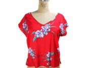 1980s Floral Blouse by Phillip Lawrence - Deadstock NOS - Hawaiian Shirt - Red Floral Print - Size Large