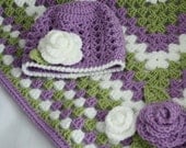 Crochet Baby Blanket / Afghan and Hat-  Mauve, Green and White with Crocheted Rose Appliques - Newborn- 3 Months