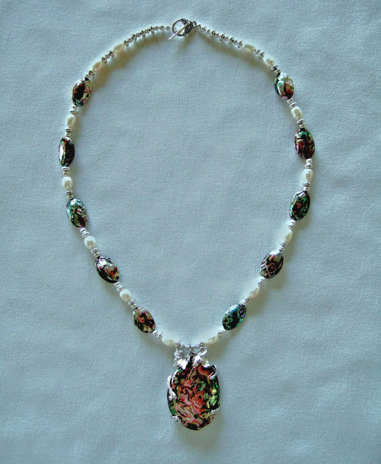 Abalone Silver Freshwater Pearl Statement Necklace, Beautiful and Elegant, Unique OOAK, Beaded