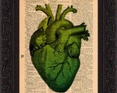 Green Heart  Print on upcycled  1930's Spanish encyclopaedia Page mixed media digital