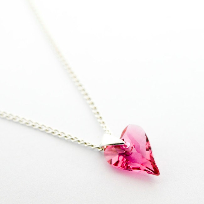 Pink Heart Necklace: Dainty Crystal Heart Pendant On Sterling Silver Chain
