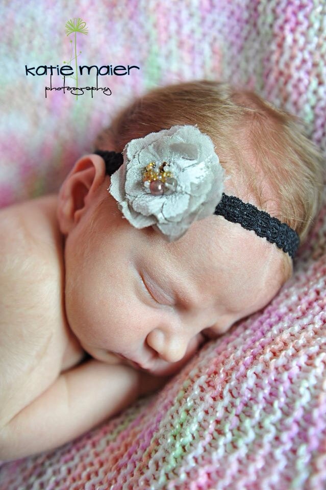 Lace Grey black newborn Headband, Baby Headband, Hair Band, Kids Hair Accessories - Newborn Baby Photography prop - Vintage Couture