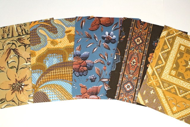 1970's Flocked Vintage Wallpaper Sample Collage Pack (5 Sheets, 8 1/2 x 10 1/2 )- Mustard Yellow and Blue