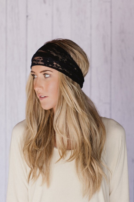 BLACK Lace Headband Stretchy Wide Lace Turband Head Covering For Women or Teens with Lace Covered Elastic Two Layers