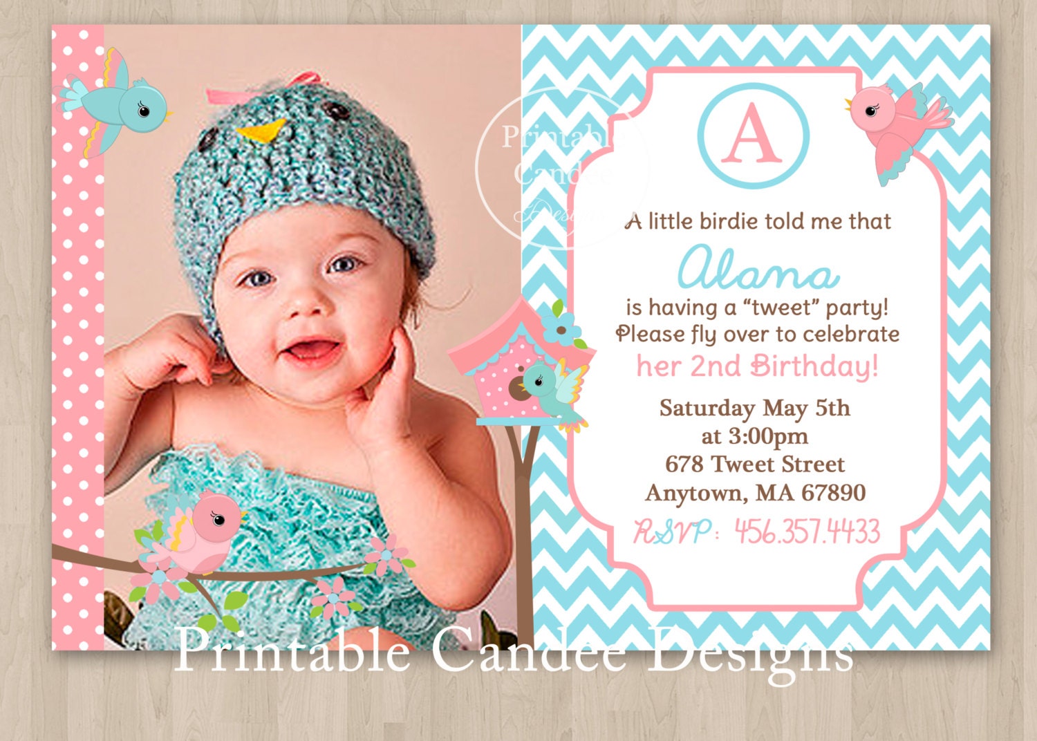 Little Birds Pink and Blue Birthday Invitation - Custom Printable