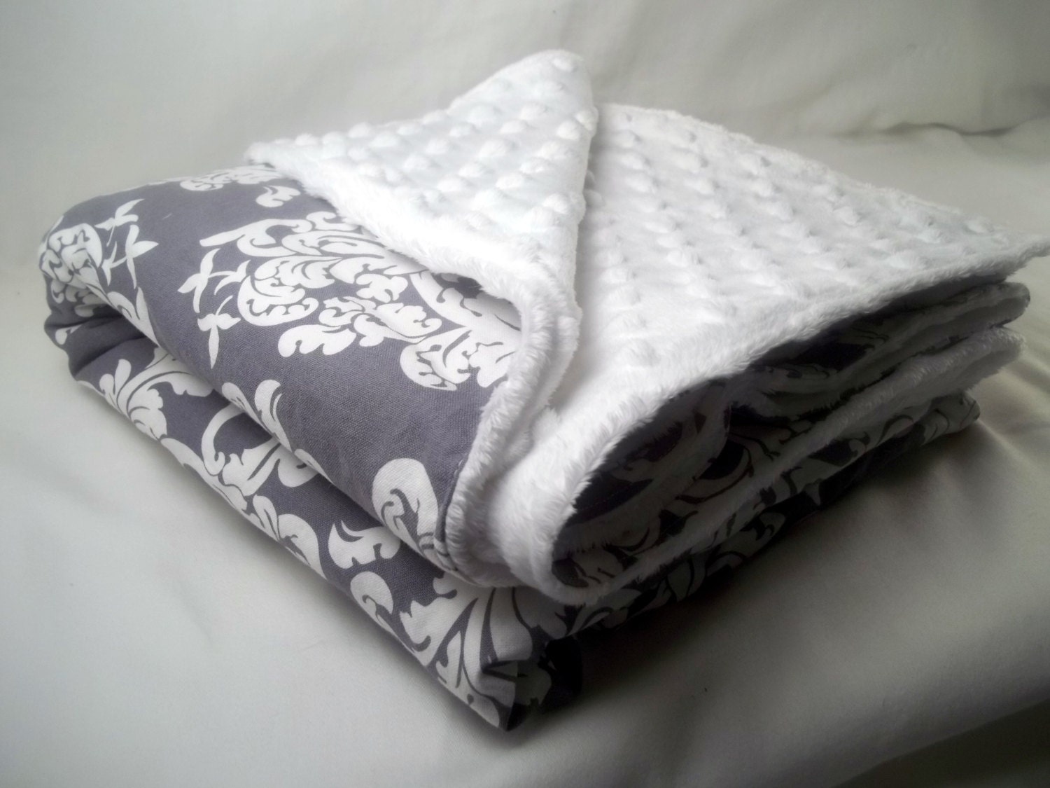Grey and White Damask Handmade Large Minky Boutique Blanket