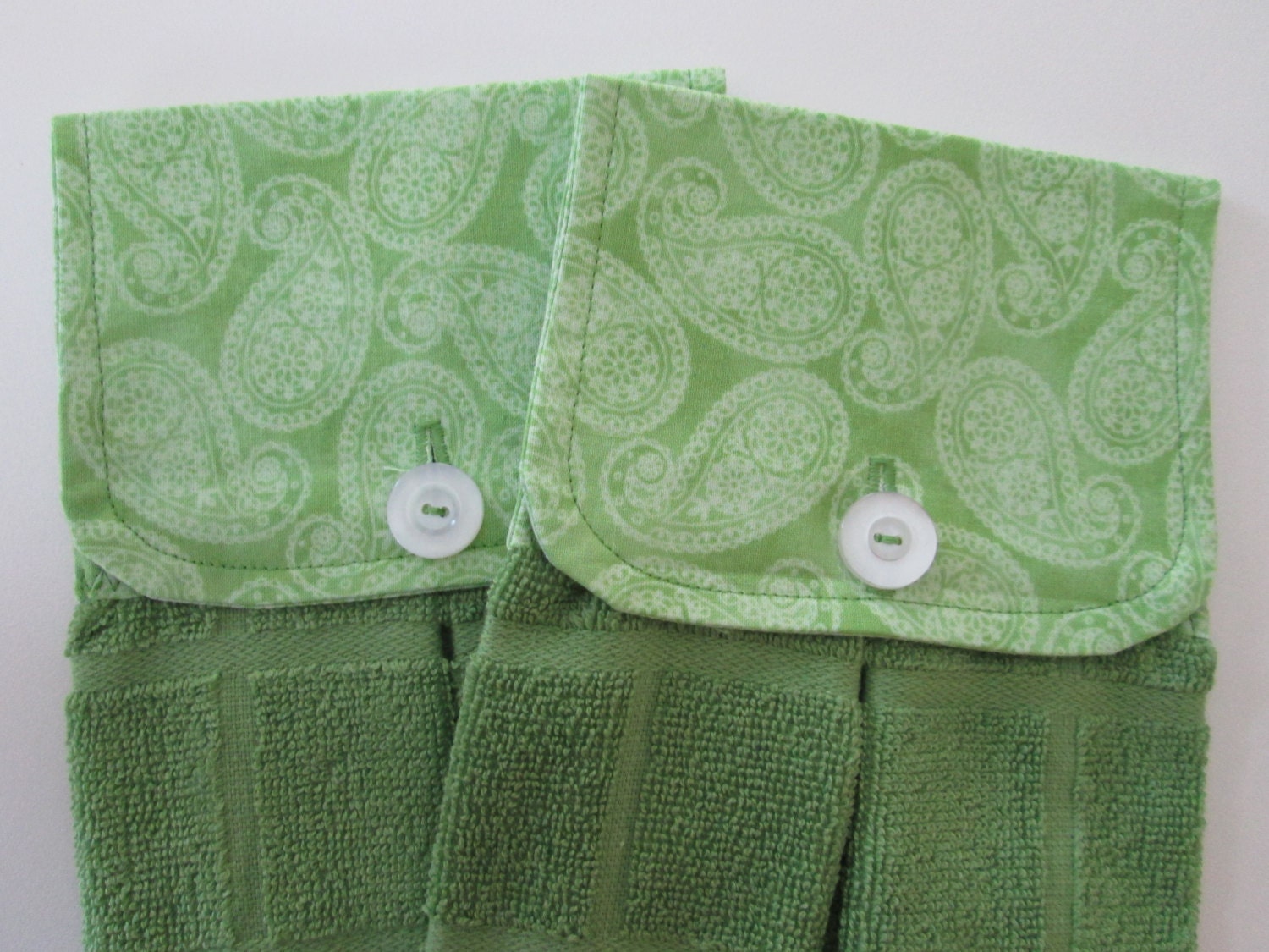Hanging Kitchen Towel Set- Lovely Spring  Green White Paisley Print Cotton Fabric With Green Terry Cloth Towel Button Closure