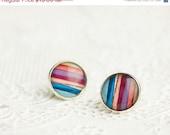 ON SALE Multicolor Stripes Earrings, Stud Earrings, Burgundy, Silver Brass, FREE shipping