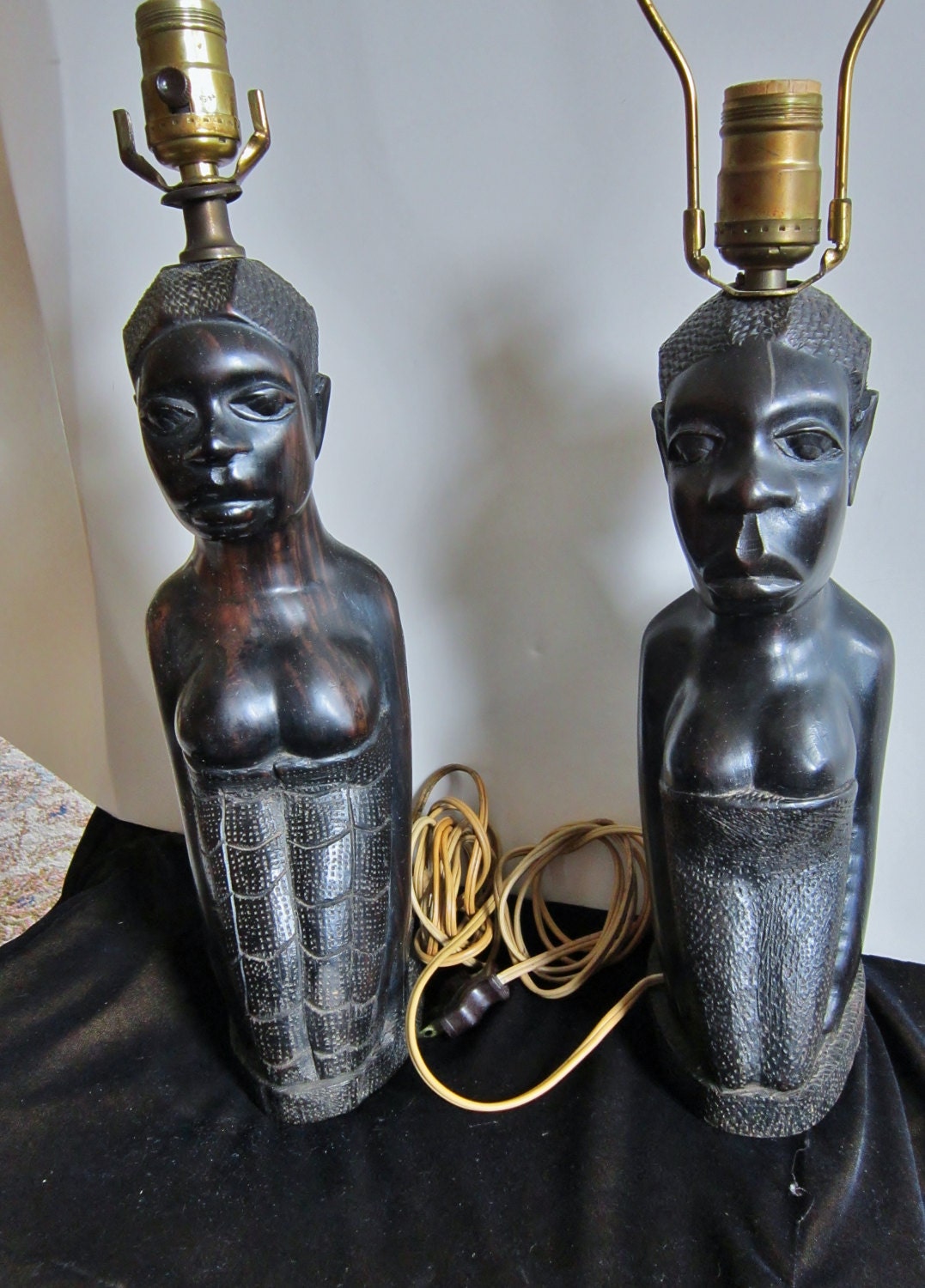 African Carved Ironwood Lamps Pair African Tribal Women Baby