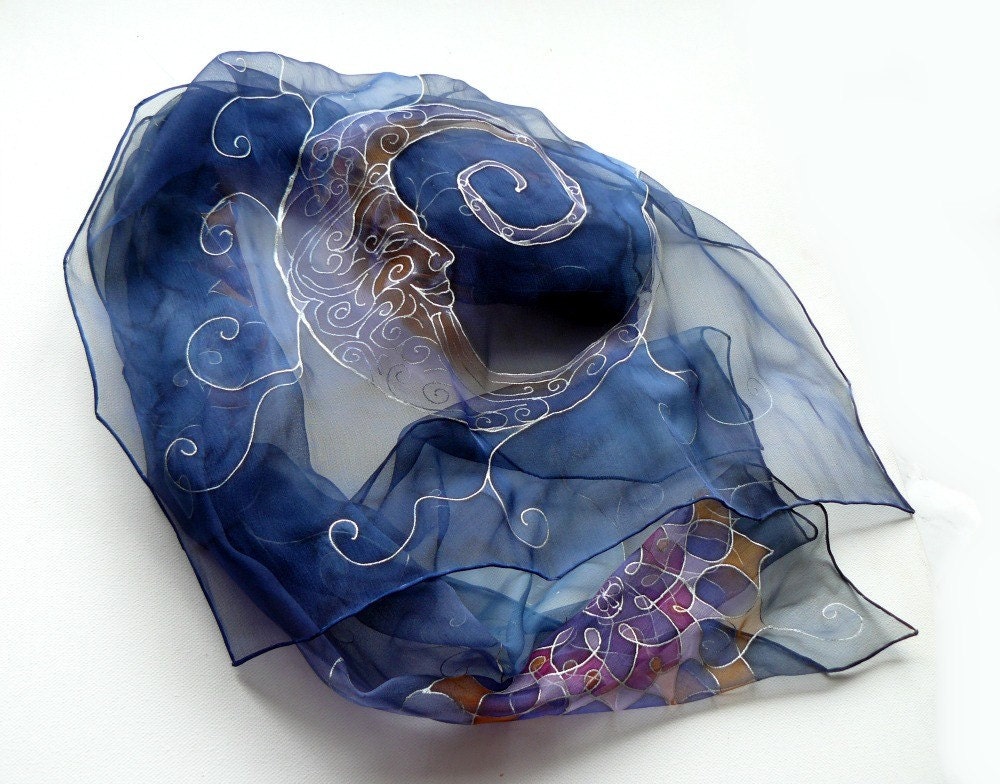 Moon and Mandalas silk scarf painted mystic blue chiffon scarf - AndreaSilk