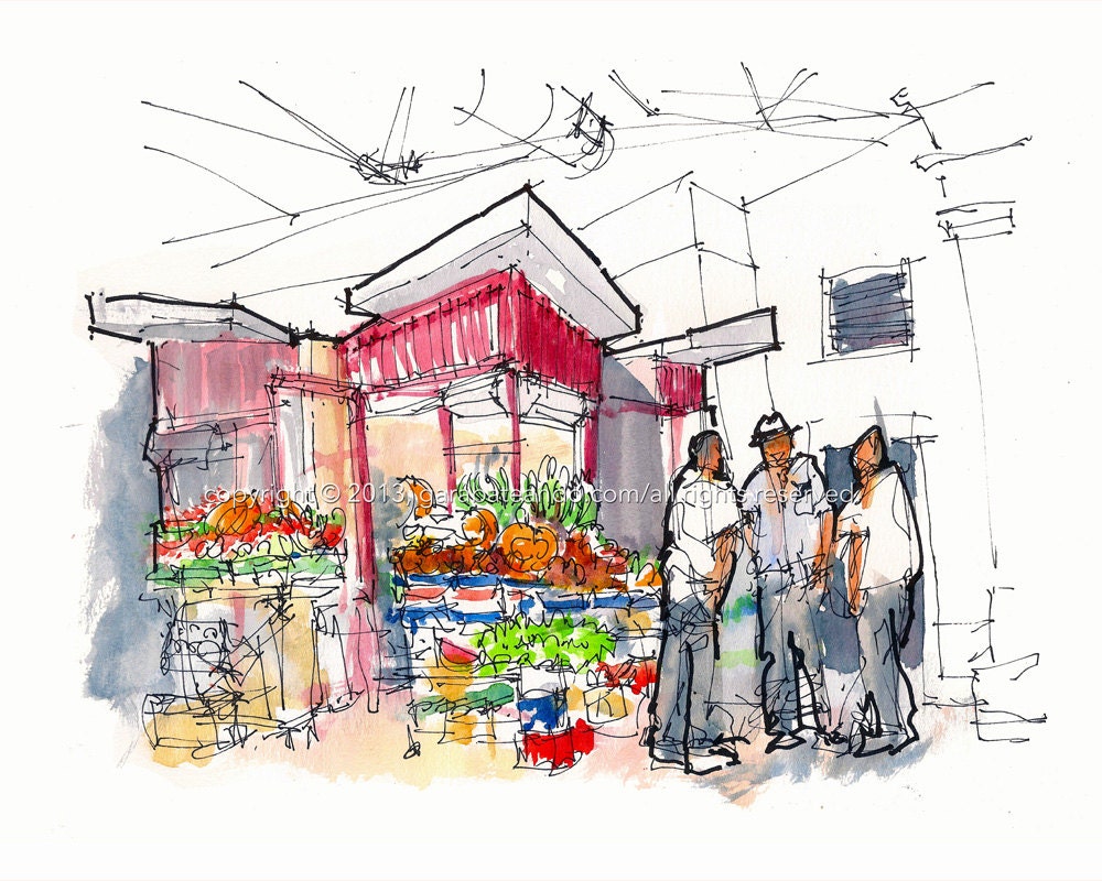 Watercolor Sketch Print: "Ponce Farmers Market", by Luis E. Aparicio
