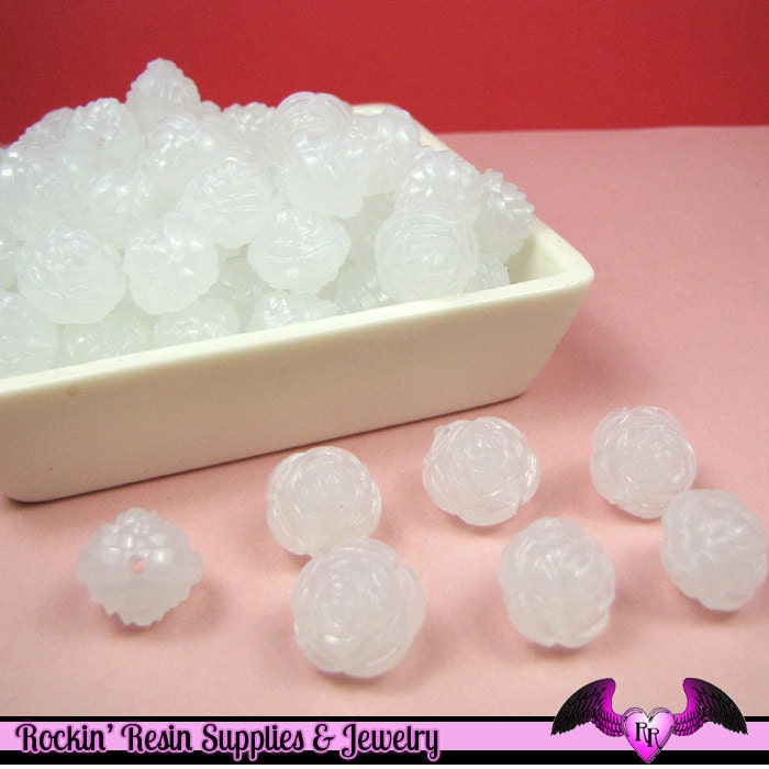 25 pc ROSE Flower Acrylic Jelly Beads in WHITE ICE Color 14mm